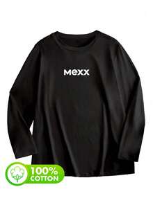 Women's Black 100% Cotton Autumn Simple Letter Print Round Neck Simple Casual Daily Top, Mexx Letter Pattern Printed Women's Top, Black Background White Letter Pattern Printed Women's Long-Sleeved T-Shirt