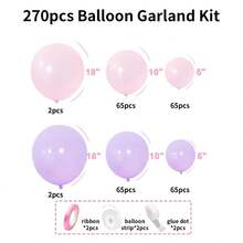 270个粉紫色气球，柔和浅粉紫色气球拱门花环套装，18、10、5英寸乳胶气球，适用于婚礼、新娘送礼会、周年纪念、生日、毕业典礼、洗礼、性别揭晓派对、公主派对、情人节、单身派对装饰 - 淡粉淡紫 - 查看 9