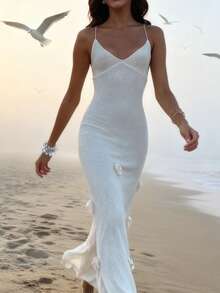 女装春夏休闲度假海滩海边纯色吊带露肩立体花朵毛呢针织连衣裙 - 白色 - 查看 3