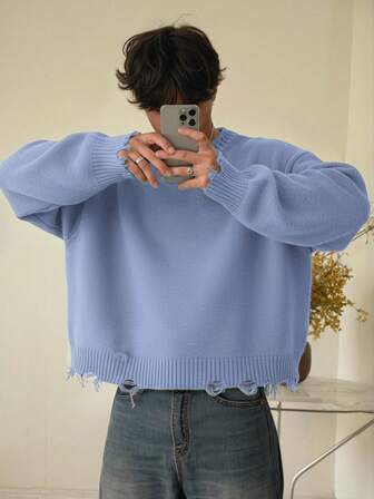 Höst/vinter Unisex Street Style Minimalistisk Långärmad Rund Halsad Pullovertröja Med Fransar Och Slitna Detaljer, Lös Och Bekväm Passform