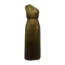 Women Solid Color Asymmetrical Collar Pleated Dress - Gold - View 1