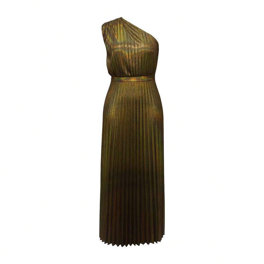 Women Solid Color Asymmetrical Collar Pleated Dress - Gold - View 1