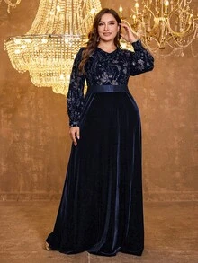 XUIBOL فستان سهرة طويل الأكمام بياقة على شكل حرف V من القطيفة المرصع بالترتر، مقاس كبير، فستان رسمي للسهرات، فستان حفلة، فستان ضيف الزفاف، فستان سهرة - أزرق بحري - مشاهدة 5