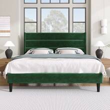 Upholstered Bed 140 X 200 Cm, Bed Frame With Slatted Base And Headboard, Upholstered Double Bed, Dark Green Velvet Fabric Cover, Timeless Modern Design, You  Th Bed - Green - View 1