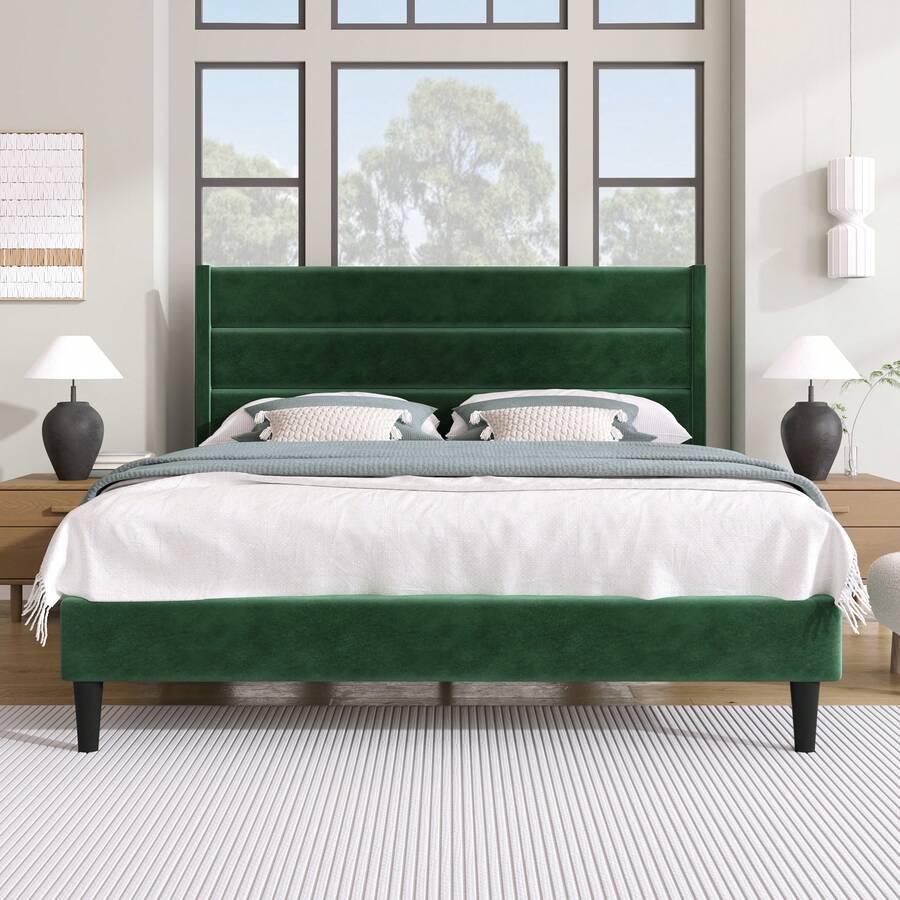 Upholstered Bed 140 X 200 Cm, Bed Frame With Slatted Base And Headboard, Upholstered Double Bed, Dark Green Velvet Fabric Cover, Timeless Modern Design, You  Th Bed - Green - View 1