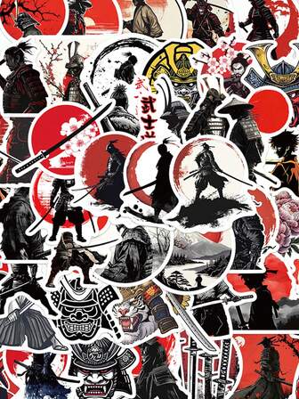 50 pièces Autocollants de samouraï en vinyle - Décalcomanies Bushido imperméables pour bouteilles d'eau, skateboards, ordinateurs portables - Formes irrégulières réutilisables et auto-adhésives pour adolescents et adultes, idéales pour les surfaces en plastique, verre, métal