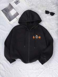 Autumn And Winter Plus Size Women's Clothing, Halloween "Pumpkin Letters" Cartoon Print Retro Plus Size Zipper Sweatshirt Jacket, Korean Style Comfortable Retro Fashion Commuting Versatile Y2k Clothing Women's Clothing, With Hood Design, Suitable For Outdoor Leisure, Black Thermal Lined Casual Women's Hooded Jacket - Black - View 3