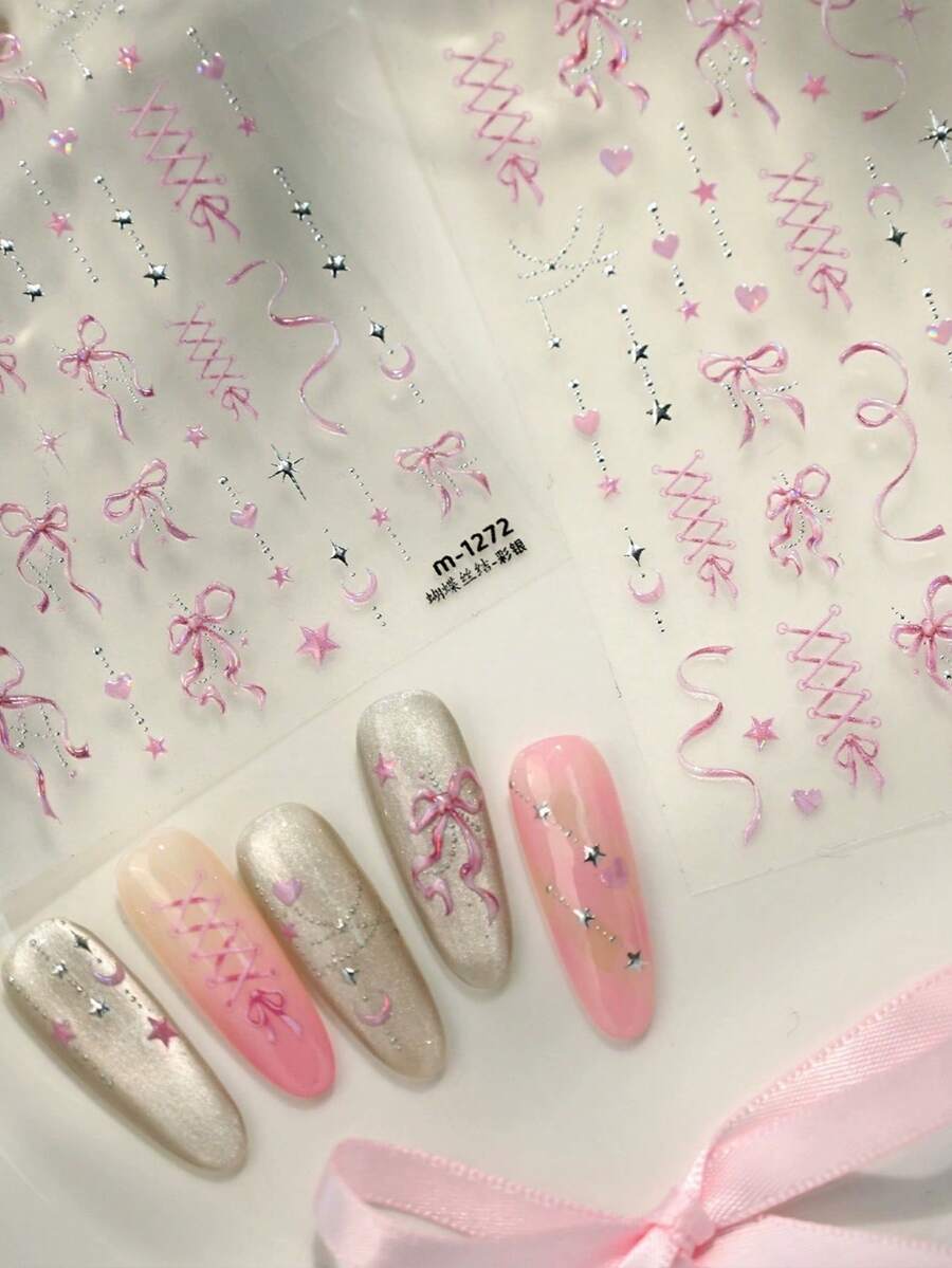 1pc Shiny Bow Ribbon Knot Pink & White Dreamy Glamorous Fashion Nail Art Self-Adhesive 5D Nail Sticker