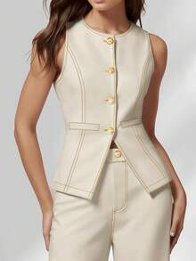 HOMEYEE 2 piezas Conjunto de traje de negocios casual para mujer: Chaleco de cuello redondo y pantalones, adecuado para trabajo, viaje y primavera diaria - Albaricoque - Ver 11