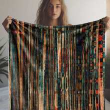 1pc Zeal Lily Throw Blanket - Teal Blue, Orange, Brown, Black, Gray, Rust - Soft Flannel All-Season Couch, Bed, Travel, Camping, Office - Cozy Home Decor Gift For Adults, Vintage Modern Decor, Cute Blanket, Artistic Print, Comfortable Texture, Retro Design, Durable Material, Nap Cover, Travel Essential - Multicolor - View 3