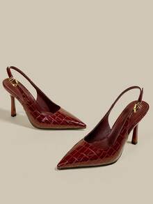 女士酒红色漆皮尖头细跟浅口鞋，优雅正式时尚闭趾派对礼服鞋，带踝带 - 酒紅色 - 查看 3