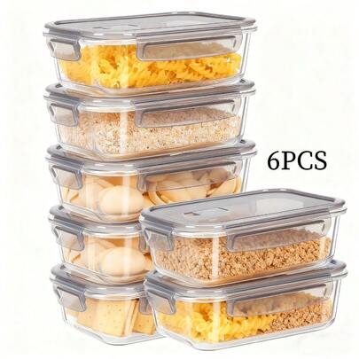 Glass Food Storage Containers (With Lids) 6pcs 1040ML, Glass Meal Boxes (With Lids), Grey Glass Meal Boxes (With Lids) Clip-Lock Glass Food Containers