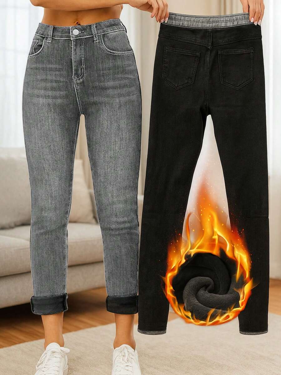 冬季保暖内衬紧身洗水牛仔裤 - 淺灰色 - 查看 1