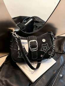 Y2K Star &Y2K Fashionable Multi-Functional Star & Moon Design Unique Pink Chain Decor Crossbody Bag, Ladies Baguette Bag, Niche Design, Steampunk, Gothic, Ladies Bag, Cool Girl Streetwear, Music Festival, Party, Ladies Rock Style Bag Suitable For Girls'' Street Style, Celebrity Same Style Printed Female Shoulder Bag, Y2k Bag, Gothic Punk Bag For Women, 2000s Fashion Style Bag For Women,Christmas Outfit,,Christmas Campus,,Holiday Travel,Christmas Party - màu đen - Xem 8