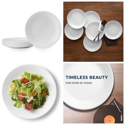Vitrelle 6-Piece Salad Plates Set Triple Layer Glass And Chip Resistant, 8-1/2-Inch Lightweight Round Plates, Winter Frost White