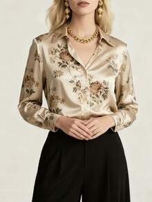 女士缎面印花长袖优雅前扣衬衫