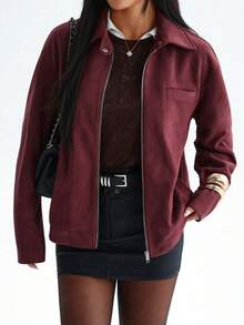 女款秋冬純色紅色休閒 Polo 領拉鍊仿麂皮外套 - 酒紅色 - 查看 2