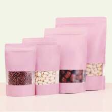 50pcs Pink Reusable Kitchen Storage Bags With Window, Food Snack Cookies Candy Coffee Resealable Airtight Pouches