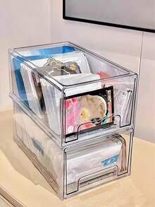 1pc Drawer Style Face Mask Storage Box, Transparent Dust-Proof Desktop Storage Box, Large Capacity Acrylic Cosmetic Storage Box, Vanity Desktop Storage Box, Bathroom Desktop Organizer Rack, Stackable Sunflower Design, Thick Transparent PET Material, Multi-Functional Accessory, Face Mask, Lipstick Storage Box, Student Stationery Storage Box - Transparent - View 8