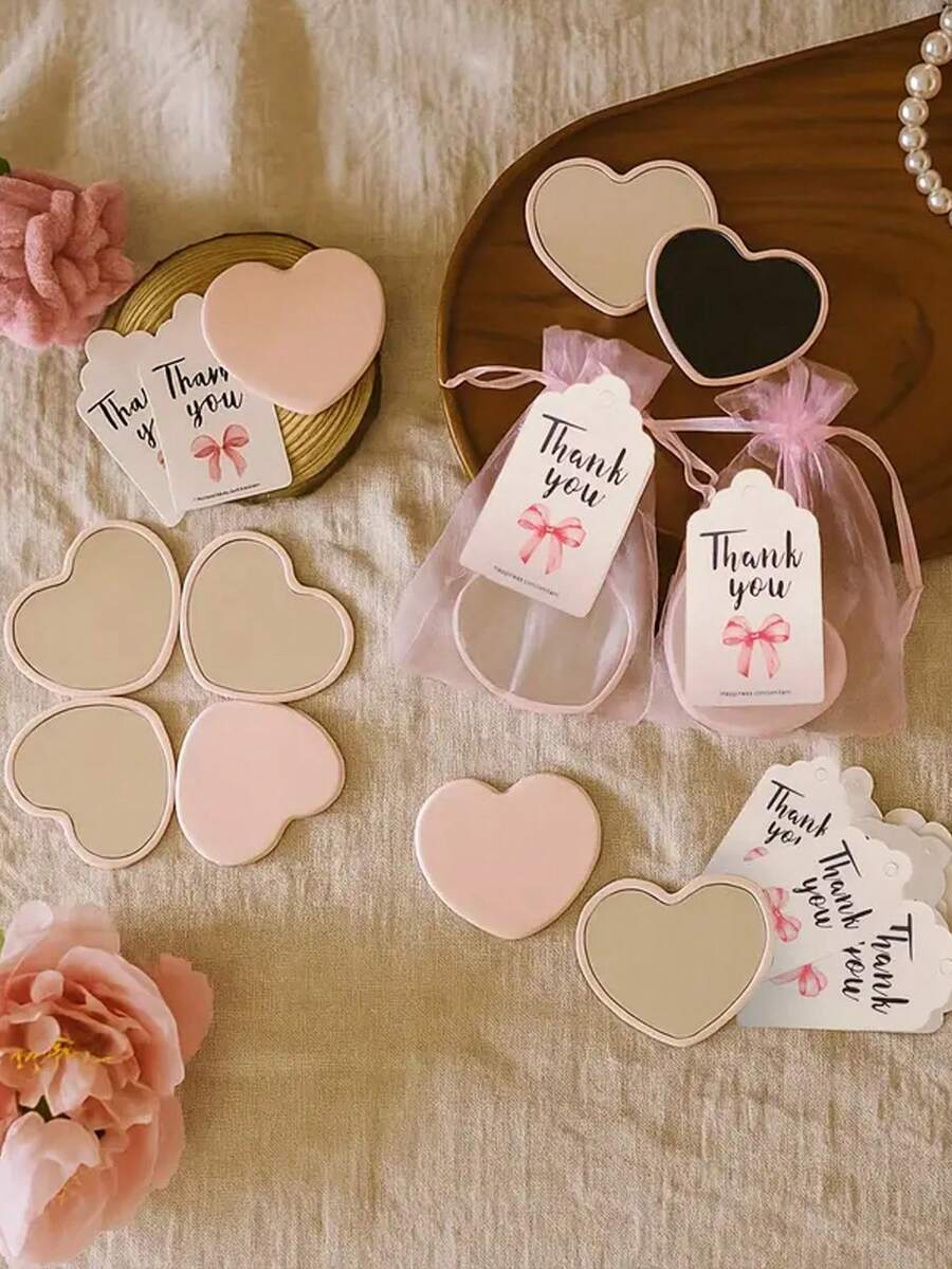 3pcs/15pcs/30pcs/45pcs/60pcs Pink Heart Shaped Makeup Mirror Gift Set, Includes 1/5/10/15/20 Makeup Mirrors, 1/5/10/15/20 Thank You Cards, And 1/5/10/15/20 Organza Bags. Suitable As Wedding Gifts, Birthday Party Gifts, Bridal Shower Gifts, Valentine's Day Gifts, And Party Favors. - Multicolor - View 1