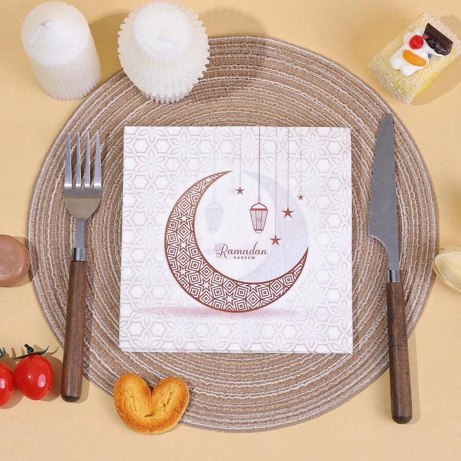 20/40/60pcs, Disposable Eid Al Fitr Themed Napkins With GoldCrescent And Star Embellishment Patterns, Moon And Star Style PaperTissues Cocktail Dinner Napkins Used For Ramadan Decoration, Banquets, Family Gatherings, And Restaurant Decor Paper - Multicolor - View 1
