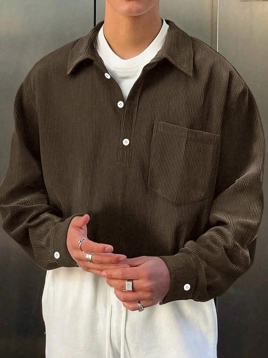 Men's Corduroy Collar Long Sleeve Polo Shirt, Casual Loose Fit Solid Color Pullover Top, For Spring & Autumn - Coffee Brown - View 1