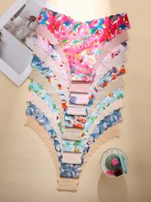 Paquete de 10 bragas triangulares sin costuras, cómodas y transpirables, con estampado de corazones y leopardo, ropa interior casual para mujer