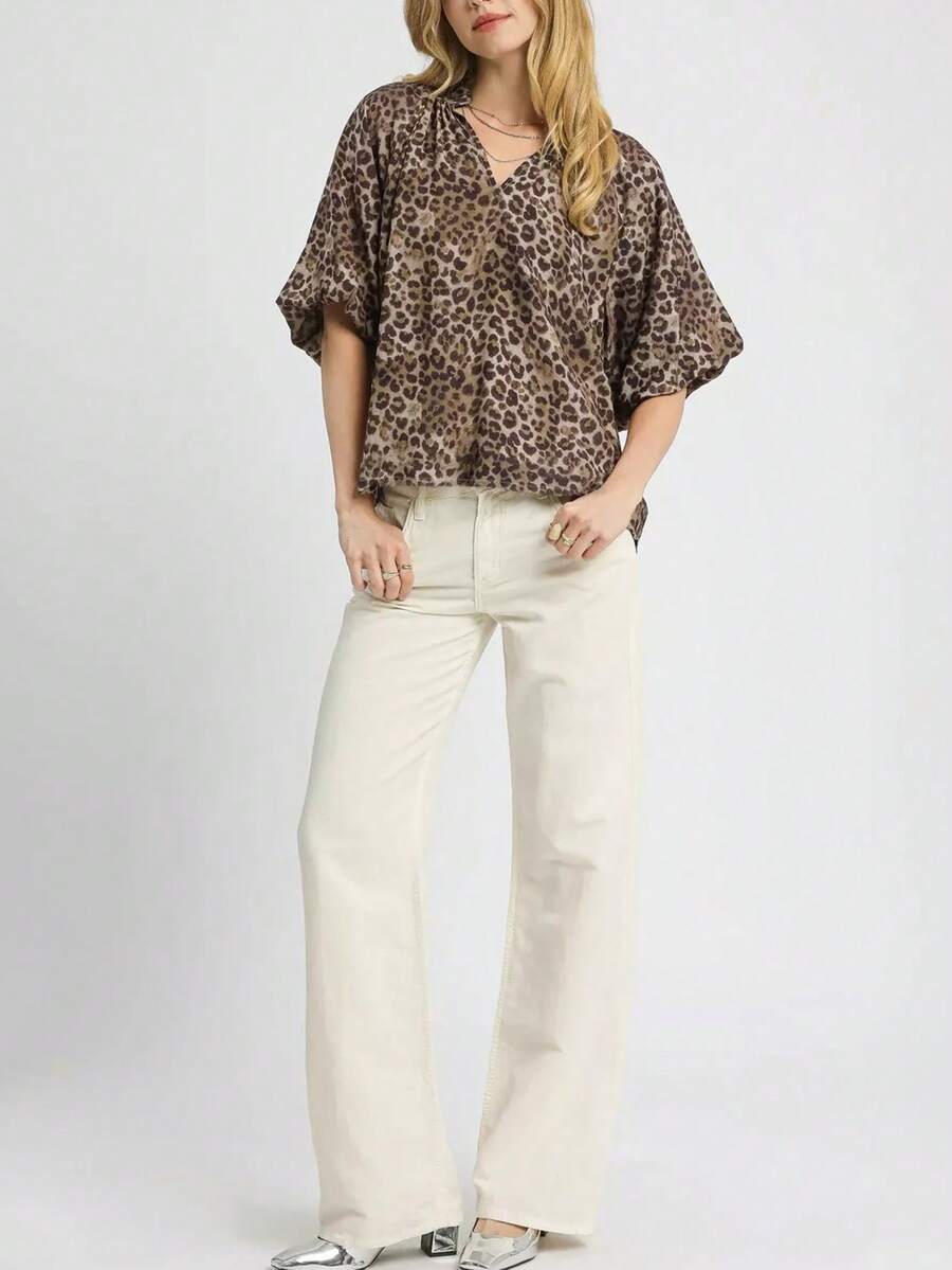 Plus Size Leopard Print V-Neck Batwing Sleeve Woven Blouse - Multicolor - View 1
