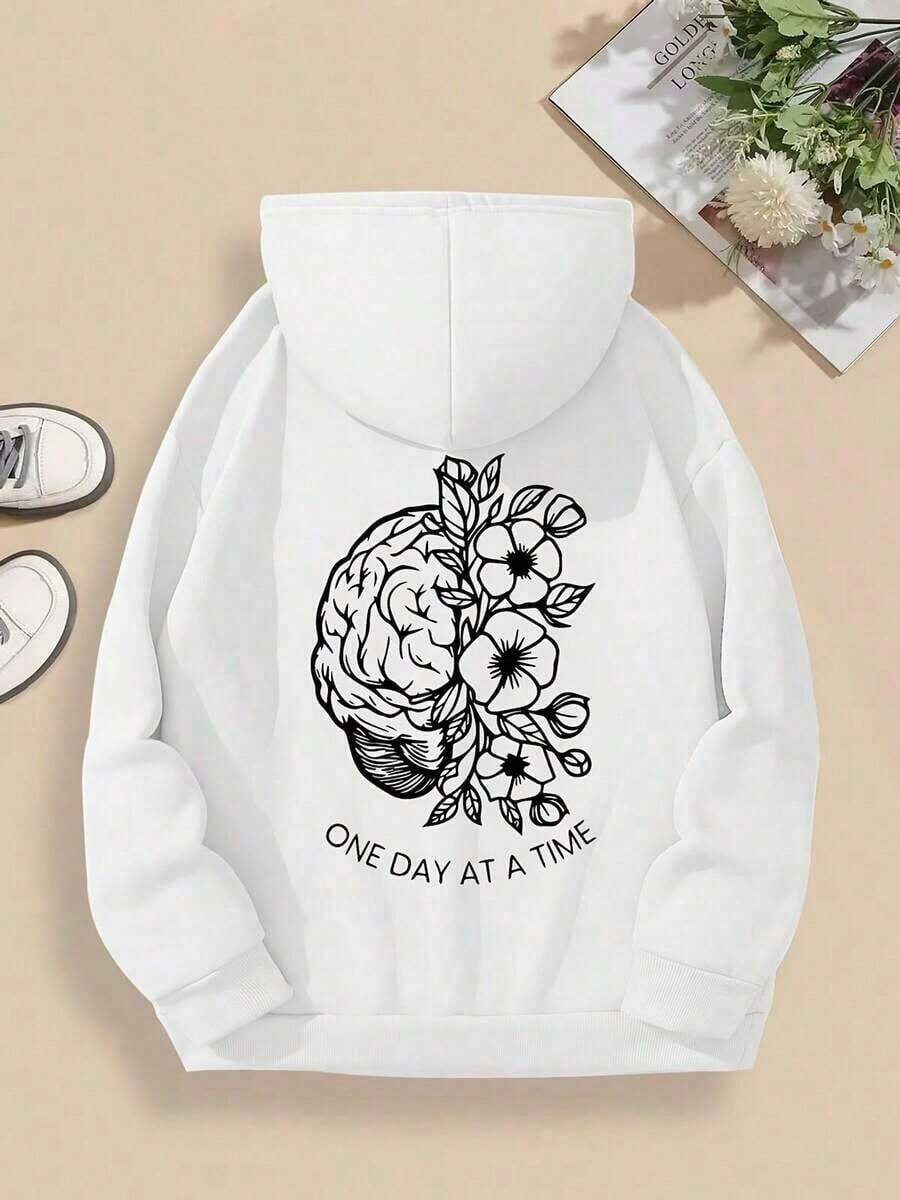 2026 LC Women's One Day At A Addiction Hoodie - Sobriety With Brain & Floral Design, Motivational Mental Apparel Cozy Casual Pullover With Pocket, Was - 白色 - 查看 1