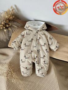 Newborn Baby Boy Cartoon Dog Print Zip-Up Hooded Jumpsuit, Thick & Warm For Winter - Ginger - View 2