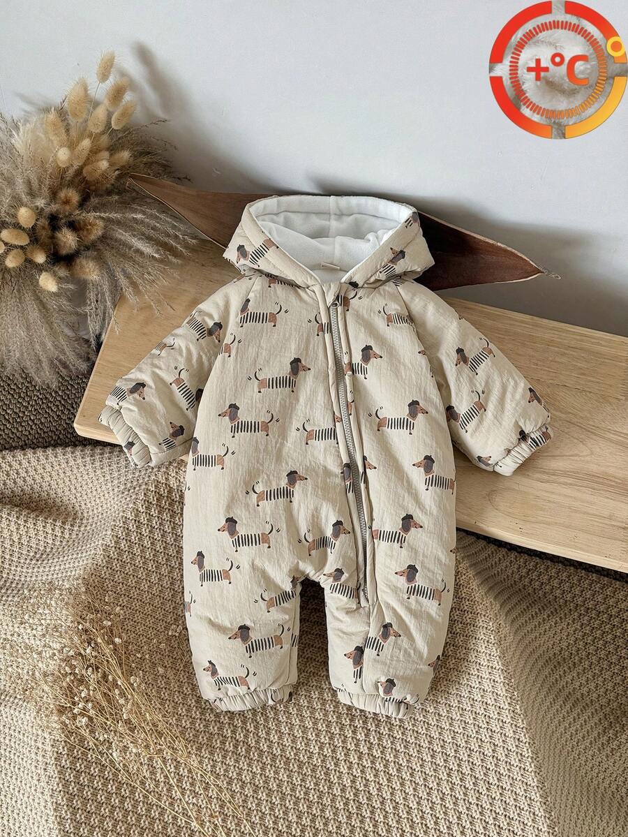 Newborn Baby Boy Cartoon Dog Print Zip-Up Hooded Jumpsuit, Thick & Warm For Winter