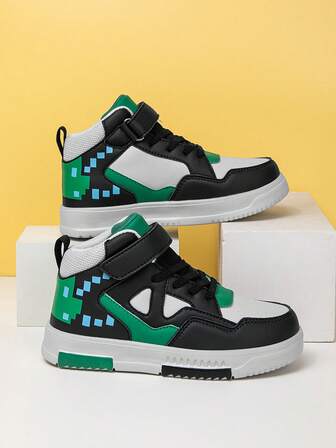 1 Pair Fashion Children Comfortable Sports Shoes, Girls New Hook And Loop Closure Running Shoes, Boys All Season Contrast Color Mid-Top Skate Shoes