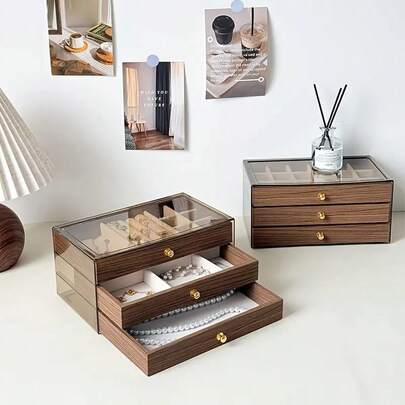 Brown Retro Style Acrylic Jewelry Box, Three-Layer Drawer Design, Partitioned Storage For Necklaces, Earrings And Rings, Easy Storage For Earrings Necklaces, Fashionable Storage Box, High-Quality Acrylic, A Choice For Holiday Gift Texture, Fashion Enthusiasts