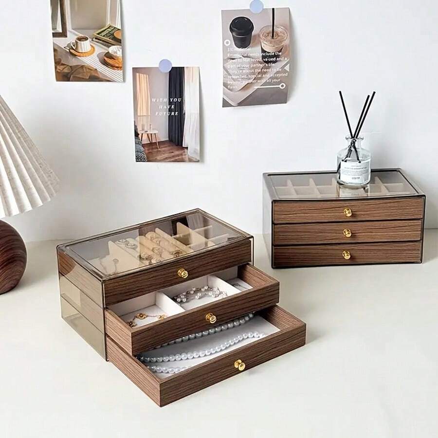 Brown Retro Style Acrylic Jewelry Box, Three-Layer Drawer Design, Partitioned Storage For Necklaces, Earrings And Rings, Easy Storage For Earrings Necklaces, Fashionable Storage Box, A Choice For Holiday Gift Texture - Brown - View 1