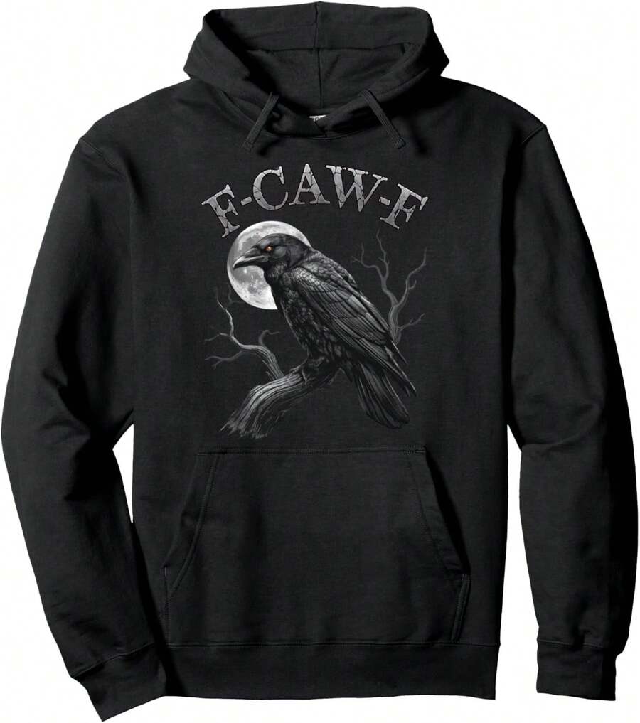 Black Crow Classic Graphic Print Black Hoodies Vintage Printed Hoodie Sweatshirt, F-Caw-F Funny Black Bird Moon Gothic Adult Humor Pullover Hoodie - 黑色2 - 查看 1