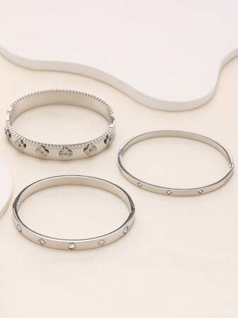 Set de 3 piezas Pulsera de acero inoxidable con trébol de cuatro hojas de circonita, joyería de uso diario para mujeres