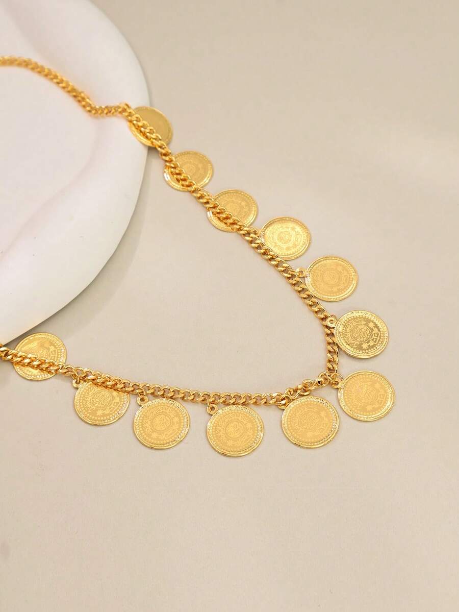 1件优雅时尚百搭简约别致流苏金属硬币吊坠项链，女士款