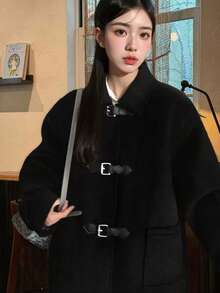 女士纯色翻领长袖宽松休闲高档羊毛大衣，秋冬款 - 黑色 - 查看 4