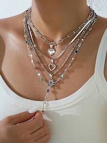 4 piezas Elegante collar en forma de corazón de plata con capas de coloridos rhinestones, regalo perfecto para mujeres en vacaciones, citas, fiestas, bailes, cumpleaños - Plateado - Ver 4