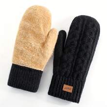 1 Pair Women's Winter Double Layer Fleece Thickened Warm Mittens Knitted Cable Pattern Cold Weather Warm Fashionable Women's Mittens Suitable For Daily Use And Parties For Women And Men - 紅色 - 查看 2