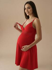 Nursing Nightgown With Lace Detail Postpartum Comfort Maternity. - 紅色 - 查看 2