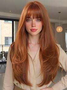 26 Inch Red Brown Copper Ginger Long Curly Wigs For Women, Gorgeous Fluffy Wigs Hair With Bangs Synthetic Wigs For Party Daily Use - Rỉ Nâu - Xem 1