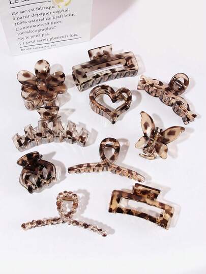 10个装奢华豹纹和几何图案发夹，时尚镂空发爪夹，适用于丸子头、马尾辫、休闲、派对、节日、礼品