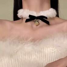 1pc Cute Fuzzy Christmas Necklaces, Sweet  Bowknot Bell Choker For Holiday Party Gift Exchange Girly Collar Accessories - 紅蝴蝶結鈴鐺 - 查看 7