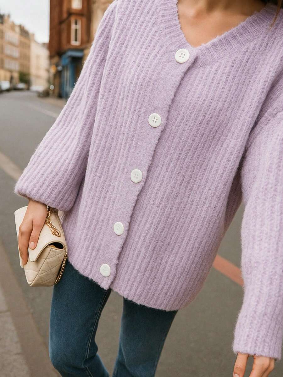 Vivid Style 女士柔软舒适休闲装复古慵懒风纯色喇叭袖针织开衫搭配宽松纹理毛衣 - 紫色 - 查看 1