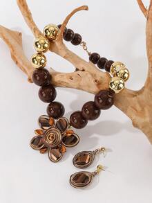 1 Set Exaggerated Multi-Layer Handmade Aluminum Wire Woven Beaded Resin Artificial Crystal Flower Shaped Vintage Chic Bohemian, European, American, African, Middle Eastern Style Necklace & Earrings Set, Suitable For Party, Holiday, Beach - Brown - View 4