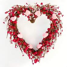 1个红粉相间的心形花环，高品质手工装饰，饰以粉色、白色和红色浆果，适合情人节、婚礼、家庭聚会、门饰、圣诞装饰、圣诞礼物或女士圣诞礼物。 - 彩色 - 查看 5