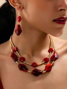 3件套波西米亚风复古优雅不对称几何叠戴项链耳环首饰套装，适合送礼、派对和日常佩戴 - 彩色 - 查看 7