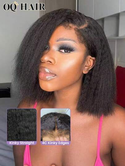 OQ Hair Wear To Go 蓬松直发无胶自然色卷发假发 6x4 HD 4C 蕾丝前假发 180% 密度 10-14 英寸预剪预拔毛自然发际线万圣节优雅顺滑接发