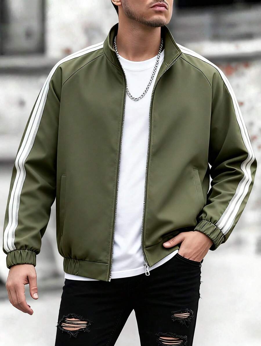 Men's Stand-Up Collar Long-Sleeved Zipper Closed Jacket With Pockets, Windproof Outdoor Jacket, Suitable For Hiking And Camping - xanh quân đội - Xem 1
